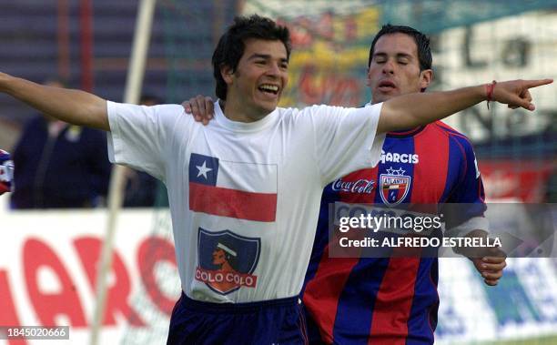 Sebastian Gonzalez chilean foward of the Atlante team, celebrates with his teammate Aaron Padilla the goal scored against Veracruz, in a game played...