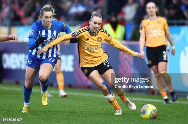 Elisabeth Terland of Brighton & Hove Albion battles for possession with Josie Green of Leicester City during the Barclays Women's Super League match...