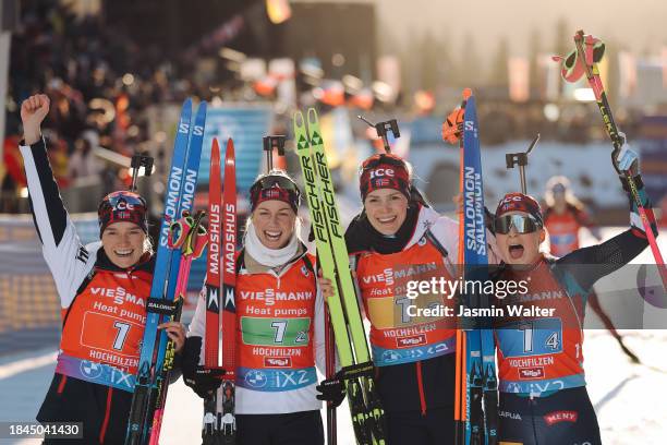 Juni Arnekleiv, Marit Ishol Skogan, Karoline Offigstad Knotten and Ingrid Landmark Tandrevold of Norway celebrating their first place of the Women...