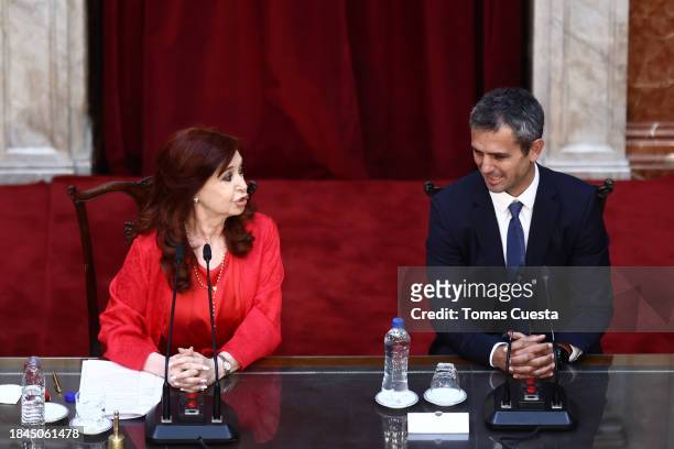 Outgoing Vice President Cristina Fernandez speaks to newly apointed President of the Chamber of Deputies Martin Menem during his Inauguration...