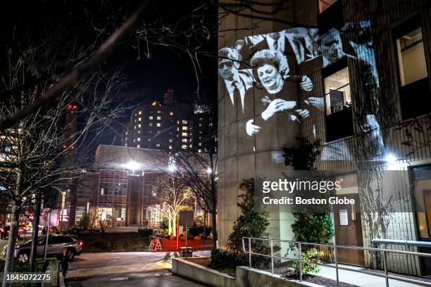 Boston, MA A photograph of Evelyn DiMaiti, mother of Carol Stuart who was shot to death in Boston's Mission Hill, is projected outside of Brigham and...