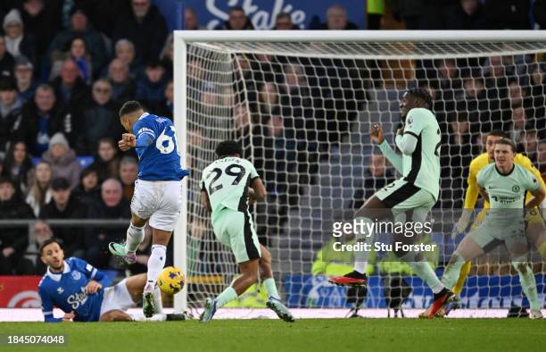 Lewis Dobbin of Everton scores their team's second goal during the Premier League match between Everton FC and Chelsea FC at Goodison Park on...