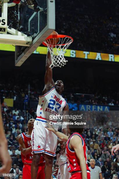 Michael Jordan of the Eastern Conference All-Stars dunks against the Western Conference All-Stars during the 2003 NBA All-Star Game on February 9,...