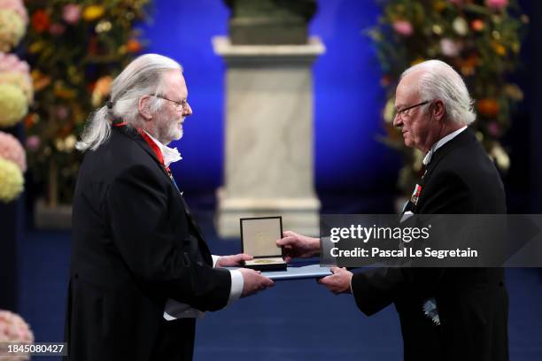 Jon Fosse receives The Nobel Prize in Literature 2023 from King Carl XVI Gustaf of Sweden at the Nobel Prize Awards Ceremony 2023 at Stockholm...