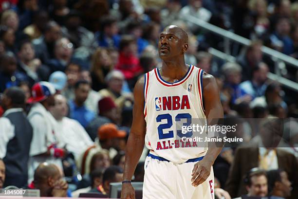 Michael Jordan of the Eastern Conference All-Stars looks on at the 2003 NBA All-Star Game on February 9, 2003 at Philips Arena in Atlanta, Georgia....