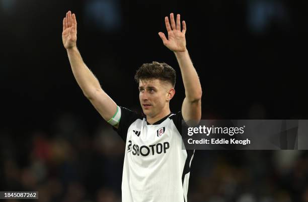 Tom Cairney of Fulham celebrates after the team's victory during the Premier League match between Fulham FC and West Ham United at Craven Cottage on...