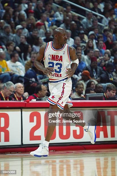 Michael Jordan of the Eastern Conference All-Stars runs upcourt during the 2003 NBA All-Star Game on February 9, 2003 at Philips Arena in Atlanta,...