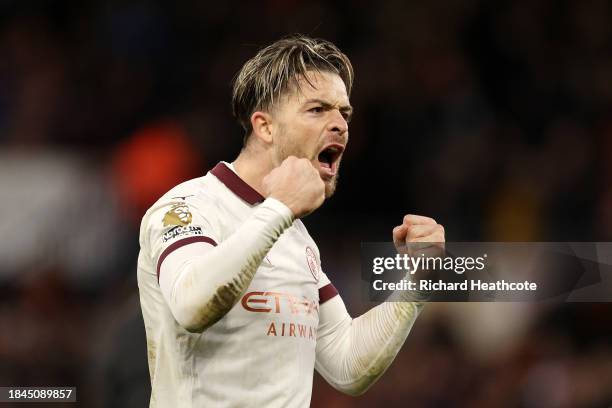 Jack Grealish of Manchester City celebrates after the team's victory during the Premier League match between Luton Town and Manchester City at...