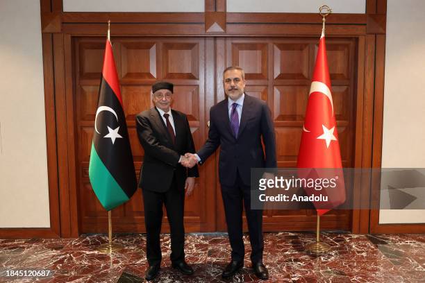 Turkish Foreign Minister Hakan Fidan meets with Speaker of the House of Representatives of Libya, Aguila Saleh Issa in Ankara, Turkiye on December...