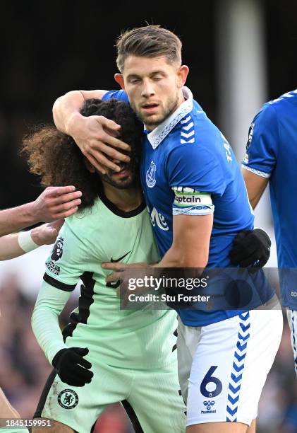 Everton defender James Tarkowski gets to grips with Chelsea defender Marc Cucurella at a corner during the Premier League match between Everton FC...