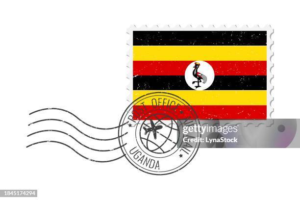uganda grunge postage stamp. vintage postcard vector illustration with ugandan national flag isolated on white background. retro style. - uganda stock illustrations