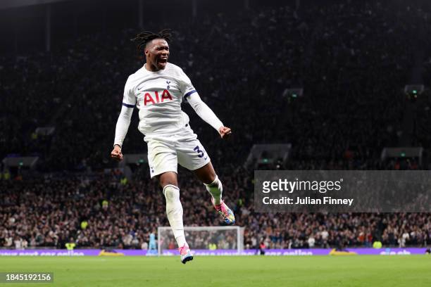 Destiny Udogie of Tottenham Hotspur celebrates after scoring their team's first goal during the Premier League match between Tottenham Hotspur and...