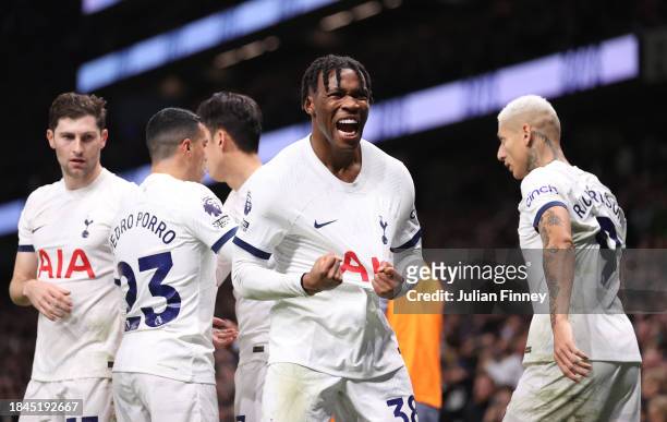 Destiny Udogie of Tottenham Hotspur celebrates after scoring their team's first goal during the Premier League match between Tottenham Hotspur and...