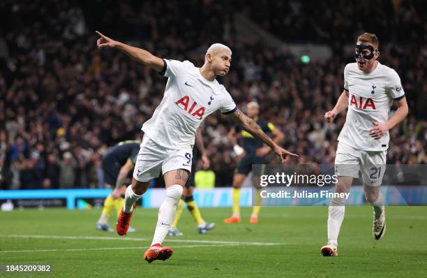 Richarlison of Tottenham Hotspur celebrates after scoring their team's second goal during the Premier League match between Tottenham Hotspur and...