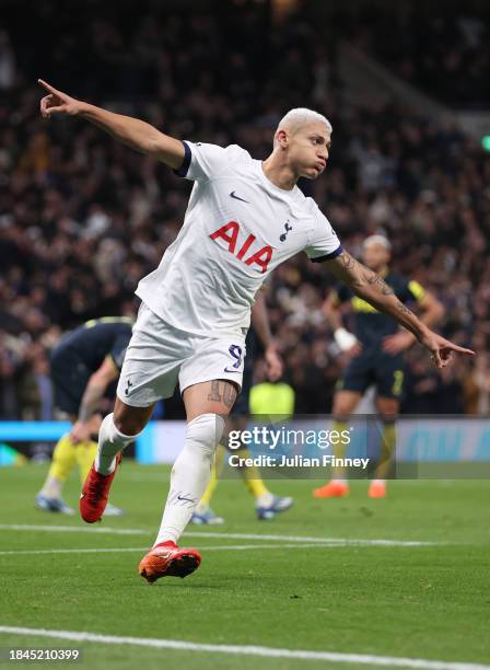 Richarlison of Tottenham Hotspur celebrates after scoring their team's second goal during the Premier League match between Tottenham Hotspur and...