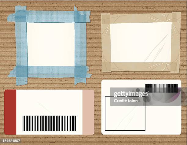 cardboard with four shipping labels - brown box stock illustrations