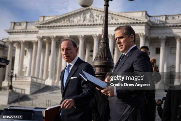 Attorney Abbe Lowell and U.S. President Joe Biden's son Hunter Biden arrive to speak to reporters outside the U.S. Capitol on December 13, 2023 in...