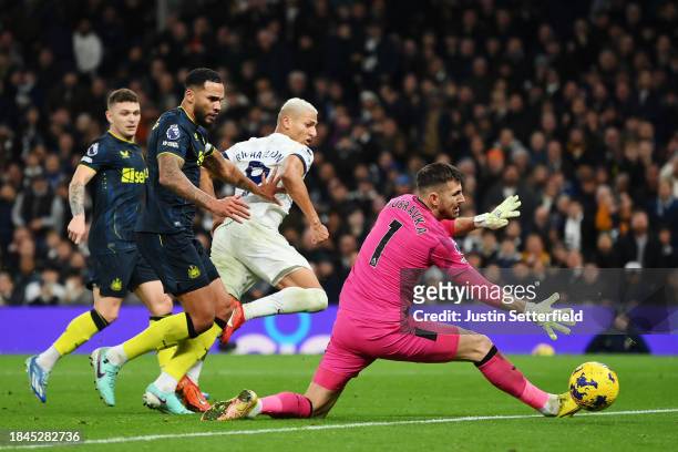 Richarlison of Tottenham Hotspur scores their team's third goal during the Premier League match between Tottenham Hotspur and Newcastle United at...