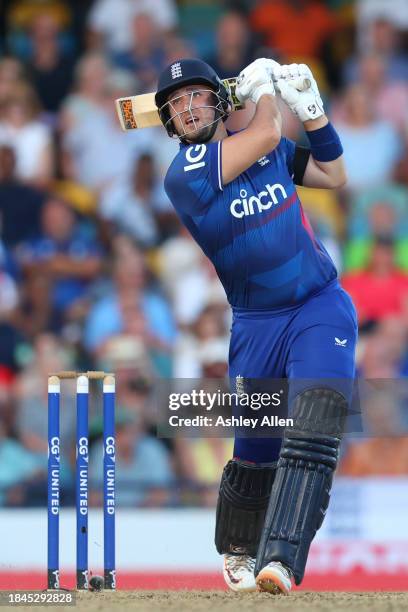 Liam Livingstone of England plays the ball through the offside during the third CG United One Day International match between West Indies and England...