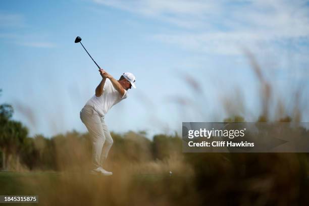 Lucas Glover of the United States plays his shot from the second tee during the final round of the Grant Thornton Invitational at Tiburon Golf Club...