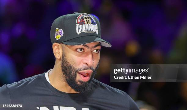 Anthony Davis of the Los Angeles Lakers is interviewed on the court after the team's 123-109 victory over the Indiana Pacers to win the championship...