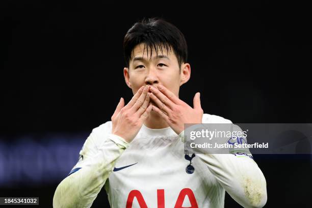 Son Heung-Min of Tottenham Hotspur celebrates scoring their team's fourth goal from the penalty spot during the Premier League match between...