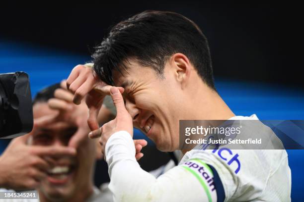Son Heung-Min of Tottenham Hotspur celebrates scoring their team's fourth goal from the penalty spot during the Premier League match between...