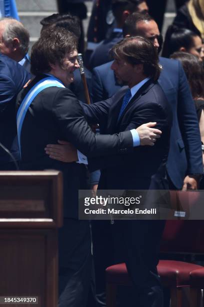 President of Argentina Javier Milei greets President of Uruguay Luis Lacalle Pou during his Inauguration Ceremony at National Congress on December...
