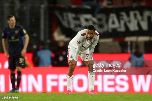 Linton Maina of 1.FC Köln reacts at full time following the Bundesliga match between 1. FC Köln and 1. FSV Mainz 05 at RheinEnergieStadion on...