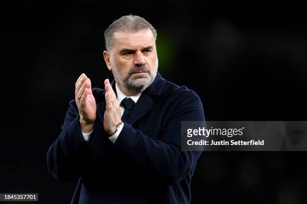 Ange Postecoglou, Manager of Tottenham Hotspur, applauds the fans following the team's victory during the Premier League match between Tottenham...
