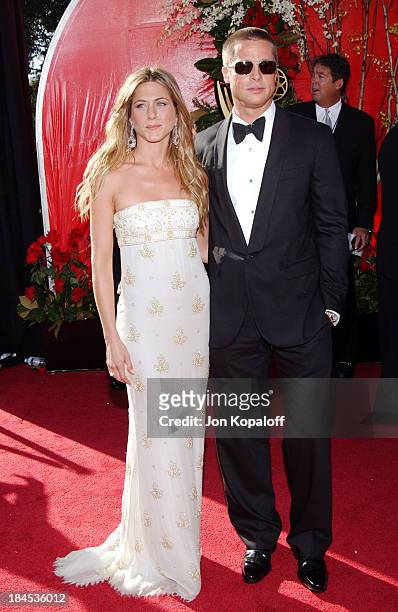 Jennifer Aniston and Brad Pitt during The 56th Annual Primetime Emmy Awards - Arrivals at The Shrine Auditorium in Los Angeles, California, United...