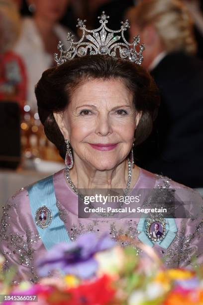 Queen Silvia of Sweden attends the Nobel Prize Banquet 2023 at Stockholm City Hall on December 10, 2023 in Stockholm, Sweden.