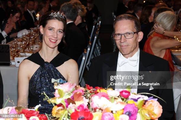 Countess Bettina Bernadotte af Wisborg and Thomas Perlmann attend the Nobel Prize Banquet 2023 at Stockholm City Hall on December 10, 2023 in...