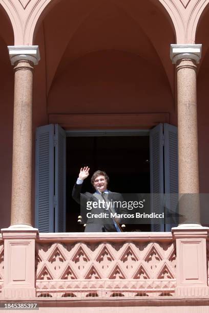 President of Argentina Javier Milei greets supporters after his Inauguration Ceremony at "Casa Rosada" Presidential Palace on December 10, 2023 in...