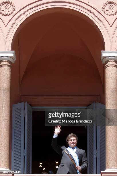 President of Argentina Javier Milei greets supporters after his Inauguration Ceremony at "Casa Rosada" Presidential Palace on December 10, 2023 in...