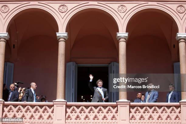 President of Argentina Javier Milei greets supporters after his Inauguration Ceremony at "Casa Rosada" Presidential Palace on December 10, 2023 in...