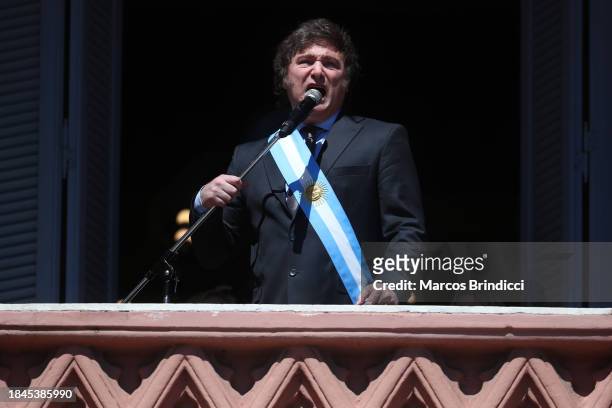 President of Argentina Javier Milei gives a speech after his Inauguration Ceremony at "Casa Rosada" Presidential Palace on December 10, 2023 in...