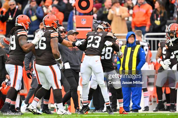 Martin Emerson Jr. #23 of the Cleveland Browns celebrates after blocking a pass during the first quarter against the Jacksonville Jaguars at...