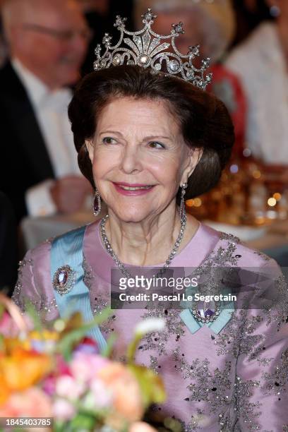 Queen Silvia of Sweden attends the Nobel Prize Banquet 2023 at Stockholm City Hall on December 10, 2023 in Stockholm, Sweden.