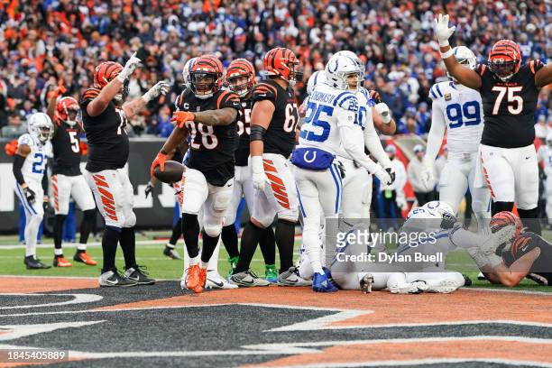 Joe Mixon of the Cincinnati Bengals reacts after running for a touchdown during the first half of the game against the Indianapolis Colts at Paycor...