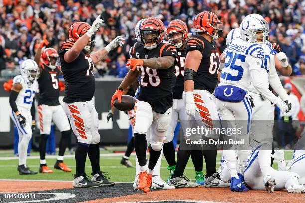 Joe Mixon of the Cincinnati Bengals reacts after running for a touchdown during the first half of the game against the Indianapolis Colts at Paycor...