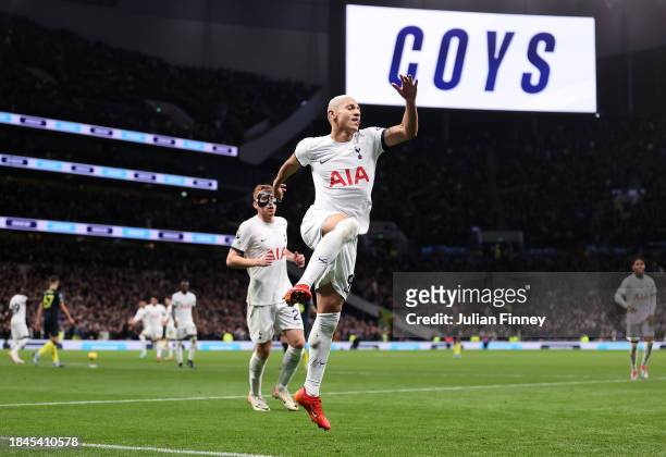 Richarlison of Tottenham Hotspur celebrates after scoring their team's second goal during the Premier League match between Tottenham Hotspur and...