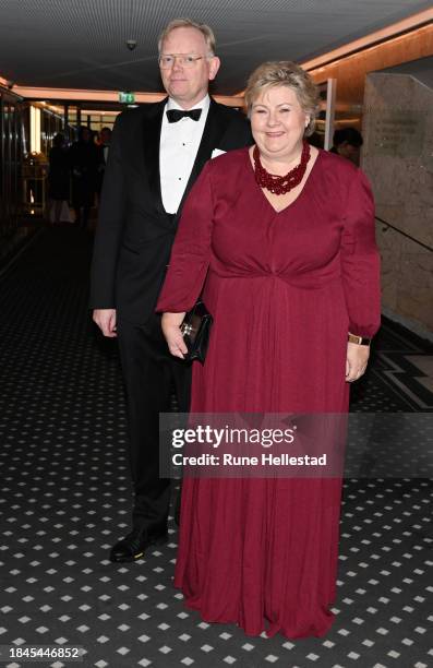 Former Prime Minister Erna Solberg and Sindre Finnes attend the Nobel Peace Prize banquet at Grand Hotel on December 10, 2023 in Oslo, Norway.