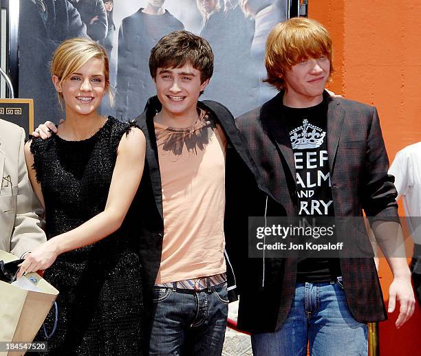 Actress Emma Watson, actor Daniel Radcliffe and actor Rupert Grint attend the "Harry Potter and the Order of the Phoenix" - Hand, Footprint and Wand...