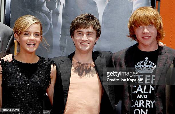 Actress Emma Watson, actor Daniel Radcliffe and actor Rupert Grint attend the "Harry Potter and the Order of the Phoenix" - Hand, Footprint and Wand...