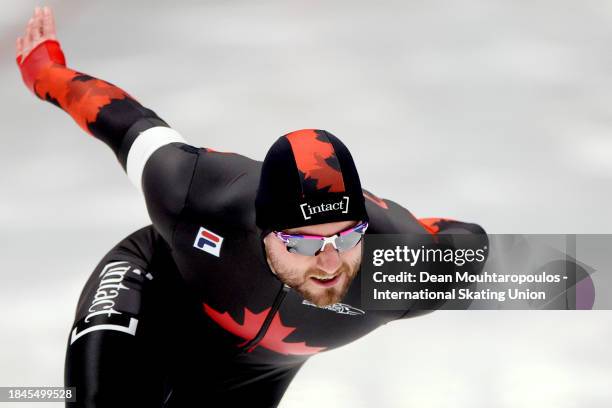 Laurent Dubreuil of Canada competes in the 2nd 500m Men race on Day 3 of the ISU World Cup Speed Skating at Arena Lodowa on December 10, 2023 in...