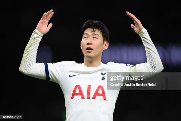 Son Heung-Min of Tottenham Hotspur celebrates scoring their team's fourth goal from the penalty spot during the Premier League match between...