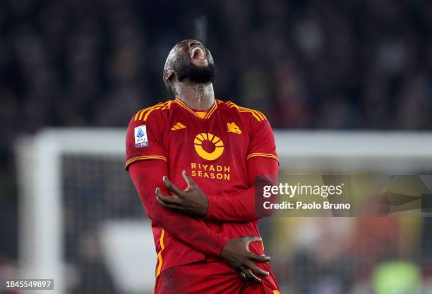 Romelu Lukaku of AS Roma reacts during the Serie A TIM match between AS Roma and ACF Fiorentina at Stadio Olimpico on December 10, 2023 in Rome,...