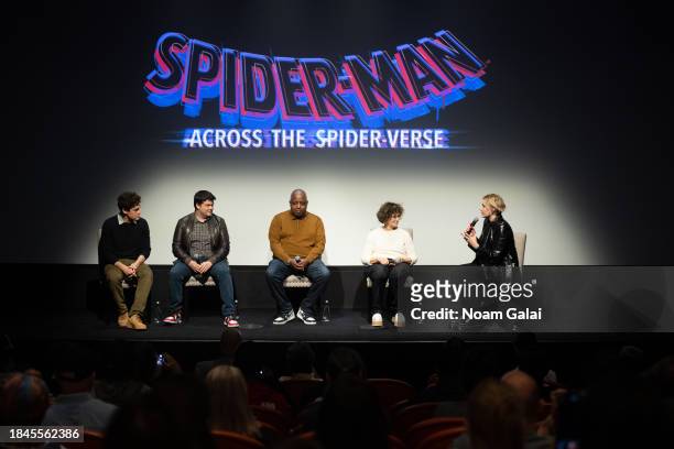 Phil Lord, Christopher Miller, Kemp Powers, Amy Pascal and Greta Gerwig attend a Q&A for 'Spider-Man: Across The Spider-Verse' at Crosby Hotel on...