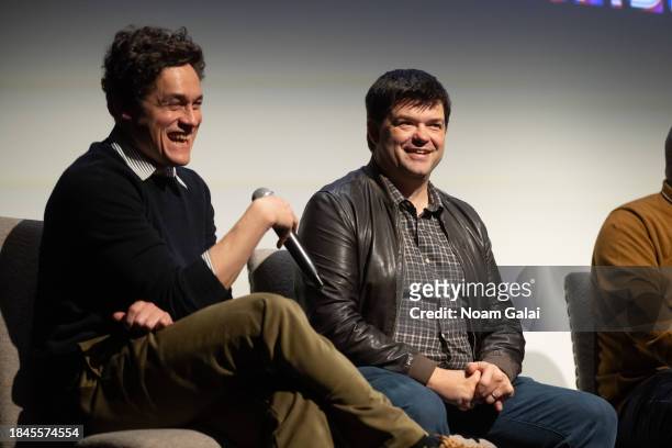 Phil Lord, and Christopher Miller attend a Q&A for 'Spider-Man: Across The Spider-Verse' at Crosby Hotel on December 10, 2023 in New York City.